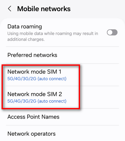 samsung galaxy s23 mobile networks settings